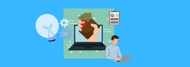 man on a laptop earning money online with a light bulb, gears, and a hand holding cash and a credit card coming out of a screen.