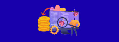 Illustration of a person testing a computer with bugs, next to a stack of coins, representing getting paid to test websites and apps.
