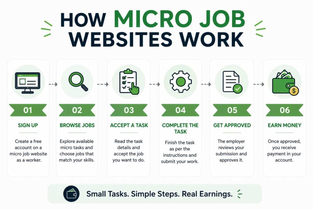 Step-by-step infographic explaining micro job workflow from signup to earning, representing Micro-Tasks for Quick Cash