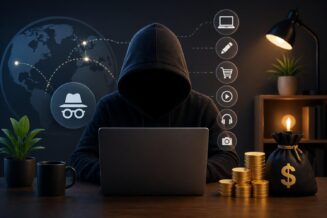 Make money online anonymously concept with hooded figure using laptop, digital icons, and earnings in a dark setup.