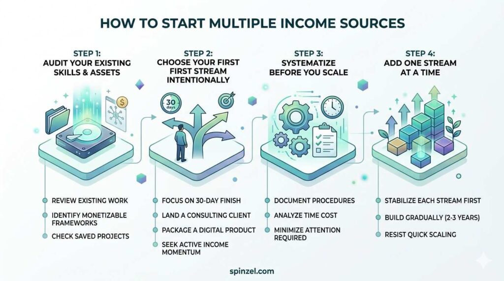 Learn to build multiple streams of income: audit skills, launch one, systematize it, then scale one at a time.