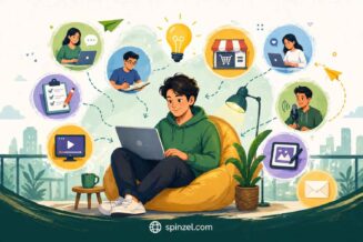 Person working on laptop with icons of online earning methods, cozy workspace, creative digital income concept banner.