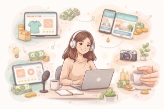 A subtle pastel illustration of a woman working on a laptop surrounded by icons representing unconventional ways to make money online.