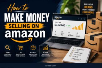 How to Make Money Selling on Amazon banner with seller dashboard, shipping boxes, sales growth, and e-commerce tools.