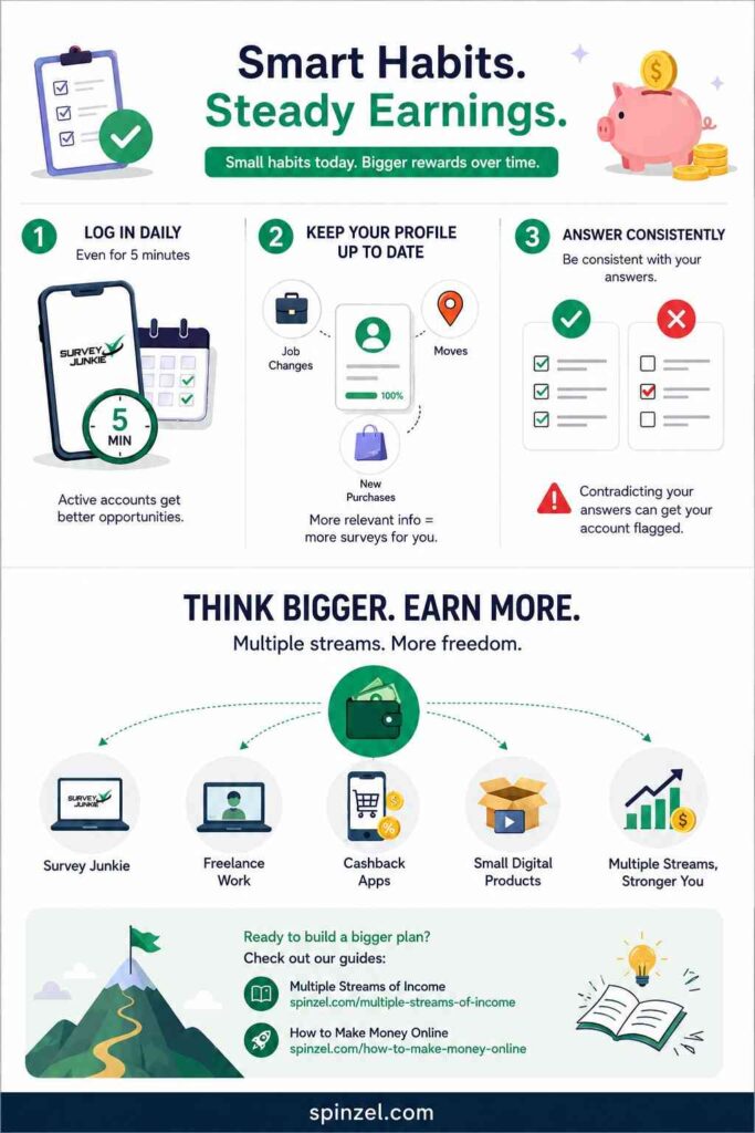 Survey Junkie earning habits including daily activity, updated profiles, consistent answers, and multiple income streams