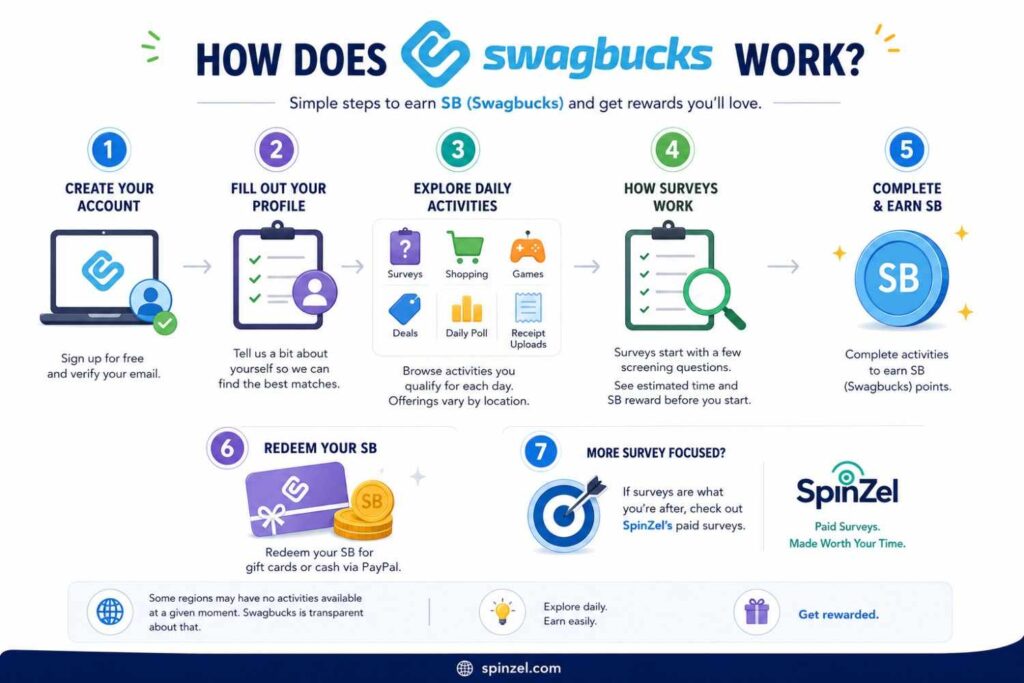 How Swagbucks works: create an account, complete your profile, explore surveys and other activities, earn SB points, redeem rewards, and discover SpinZel paid surveys.