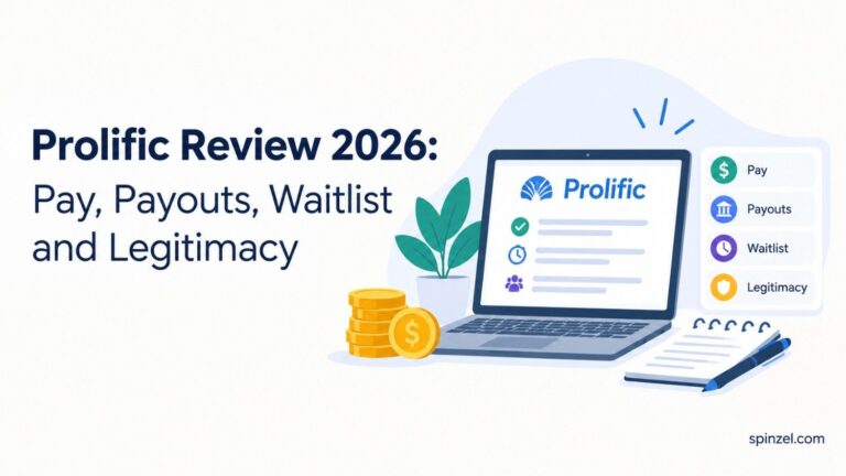 Prolific Review 2026 showing a survey dashboard with pay rate, PayPal cash-out, and waitlist details.