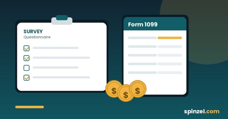 Paid survey questionnaire beside a Form 1099 and gold coins, showing taxes on survey income in the US