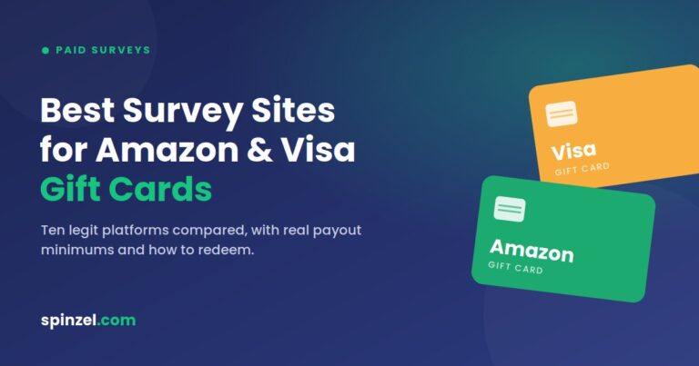 Person's guide to survey sites offering Amazon and Visa gift cards, with gift card graphics