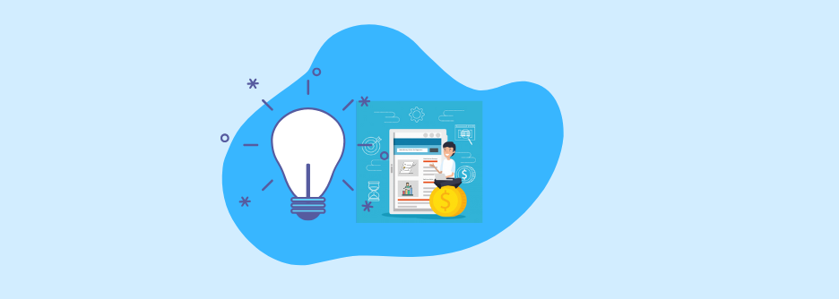 A graphic illustration of a person sitting on a golden coin with a laptop, representing making money online. A large lightbulb next to it symbolizes new ideas or opportunities.