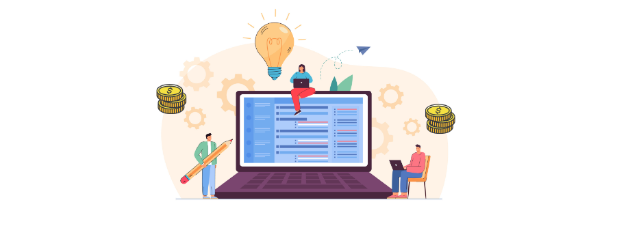 An illustration of making money online with coding, featuring a giant laptop with lines of code, a light bulb representing an idea, stacks of coins, and three people working around it.