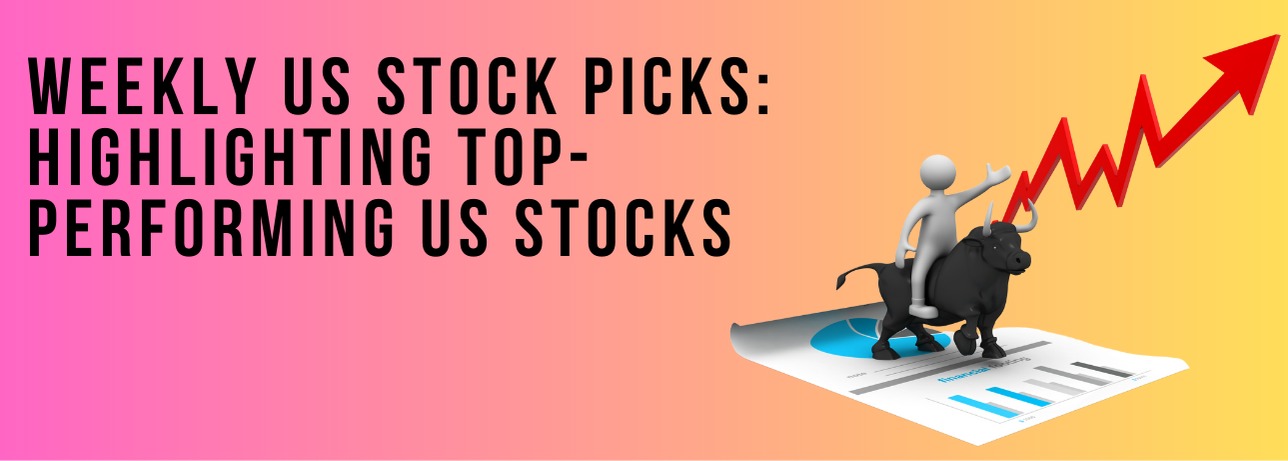 Weekly US stock picks: Man riding a bull with an upward trending stock market graph.