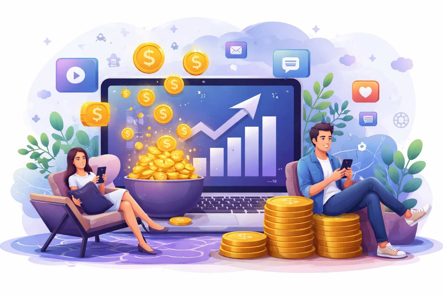 Illustration of 5 online passive income ideas generating steady cash via laptop, investments, and digital assets.