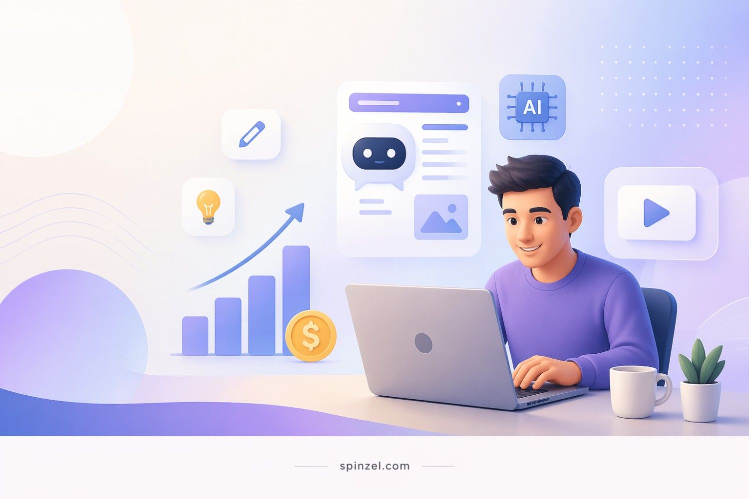 Minimal banner showing a person using a laptop with AI icons and growth charts to make money with AI tools.
