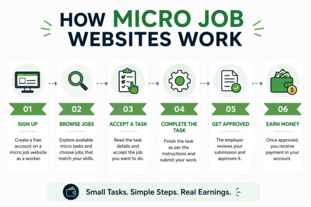 Step-by-step infographic explaining micro job workflow from signup to earning, representing Micro-Tasks for Quick Cash
