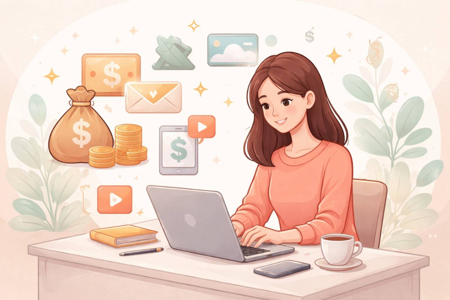 Illustration of woman on laptop with income icons, showing make money online without a degree
