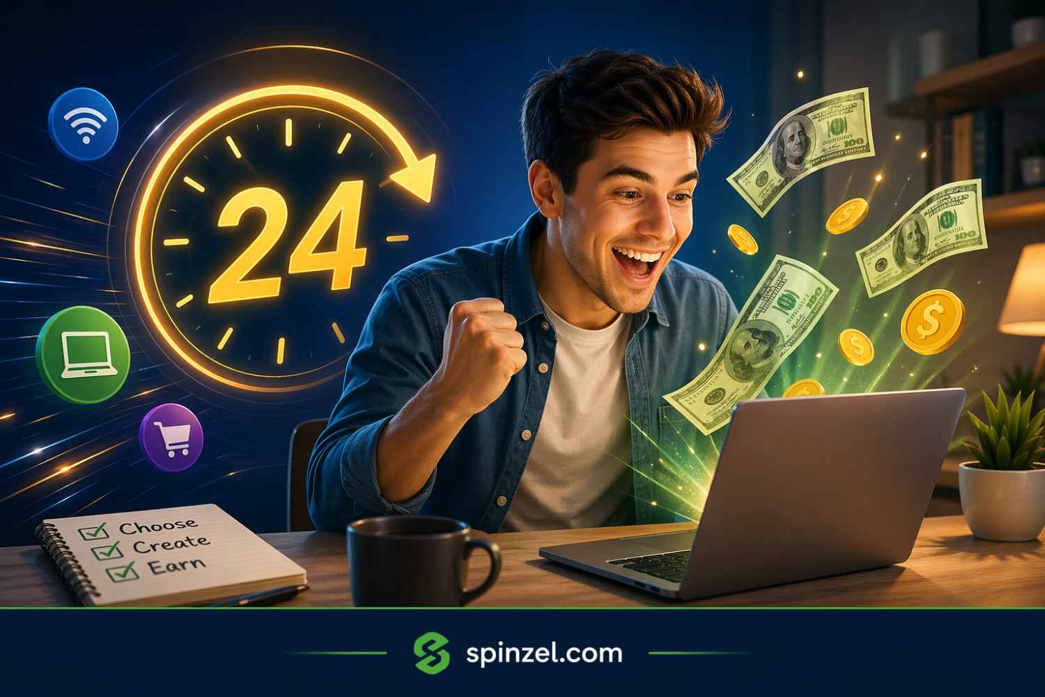 Illustrative banner showing a man earning fast on laptop with clock and cash visuals, representing make money online in 24 hours