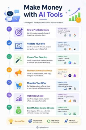 Infographic showing steps to make money with AI tools, from niche selection to scaling income streams.