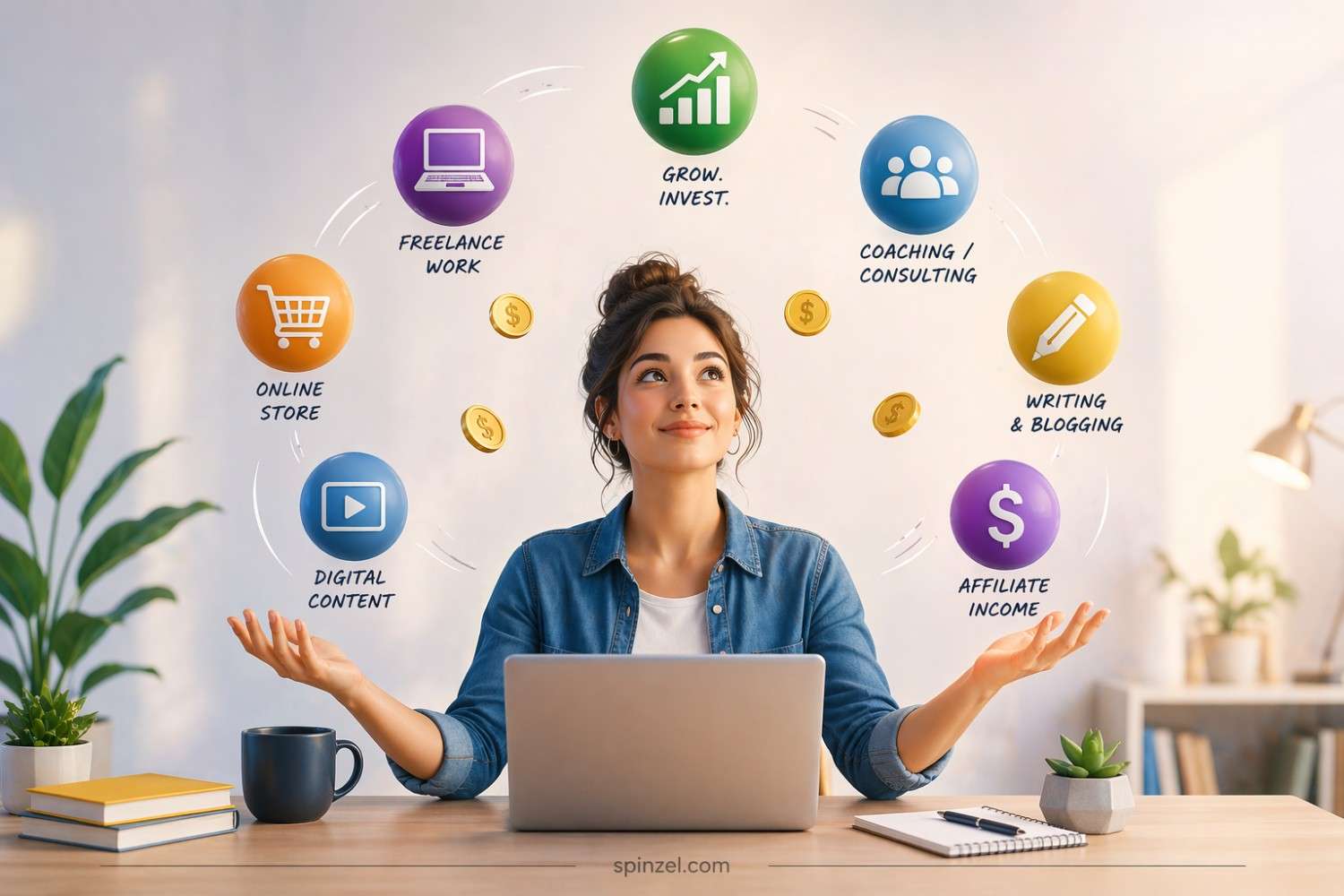 Blog banner showing multiple streams of income with a woman juggling online earnings, icons of freelancing, content, and growth.
