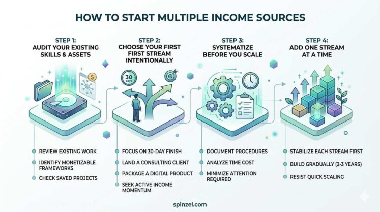 Learn to build multiple streams of income: audit skills, launch one, systematize it, then scale one at a time.