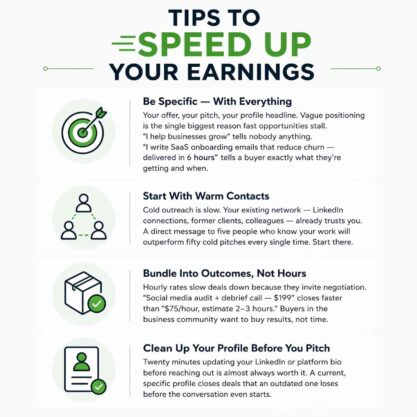 Minimal infographic with actionable tips like specific offers, warm contacts, outcome-based pricing to make money online in 24 hours