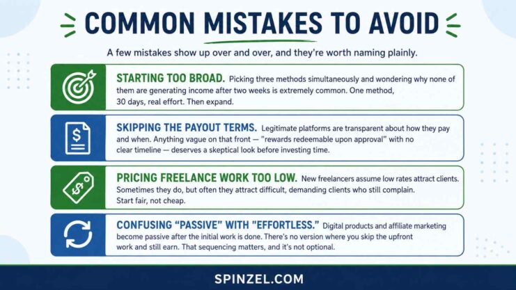 Quick and easy ways to make money online infographic showing common mistakes beginners should avoid.