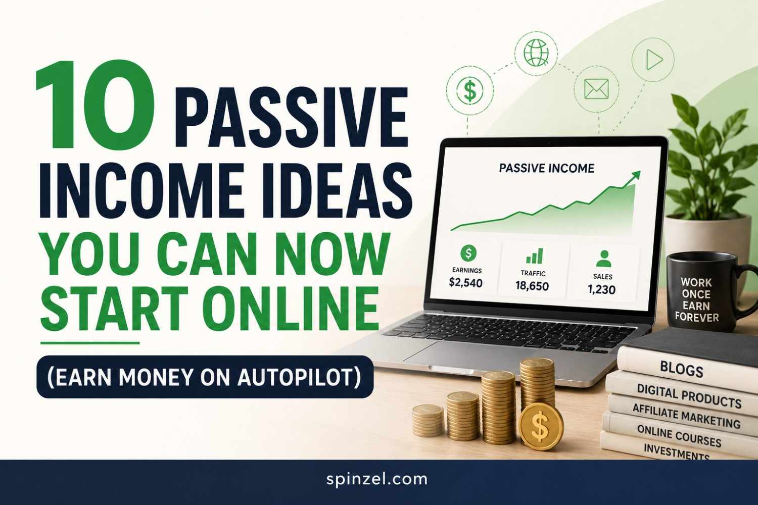 Passive income ideas online banner showing digital earnings, laptop dashboard, and online business growth