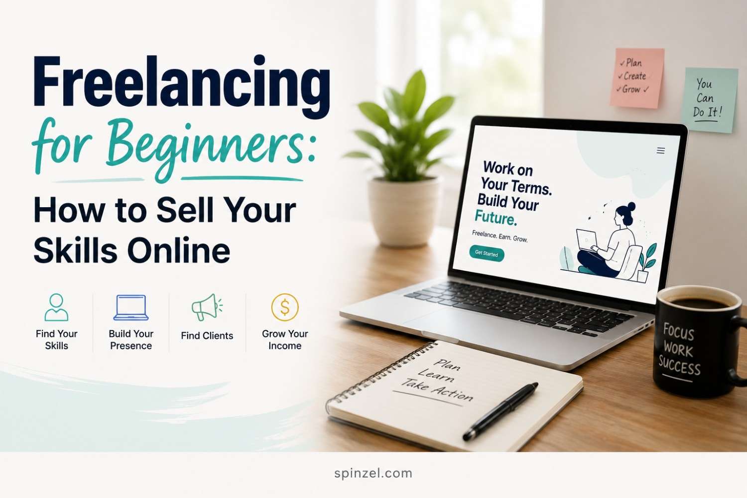 Freelancer working on a laptop with online marketplace elements for a beginner's guide to selling skills online.