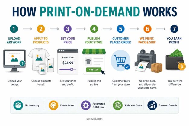 Infographic showing how print-on-demand works, from uploading designs to printing, shipping, and earning profit.