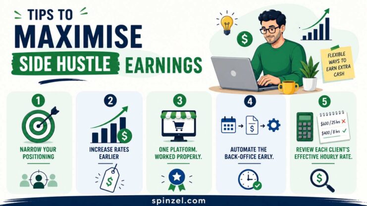 Infographic showing five practical tips to maximize side hustle earnings and increase online income.