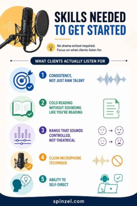 Infographic showing key voice acting skills needed to start earning money online through voice-over work.