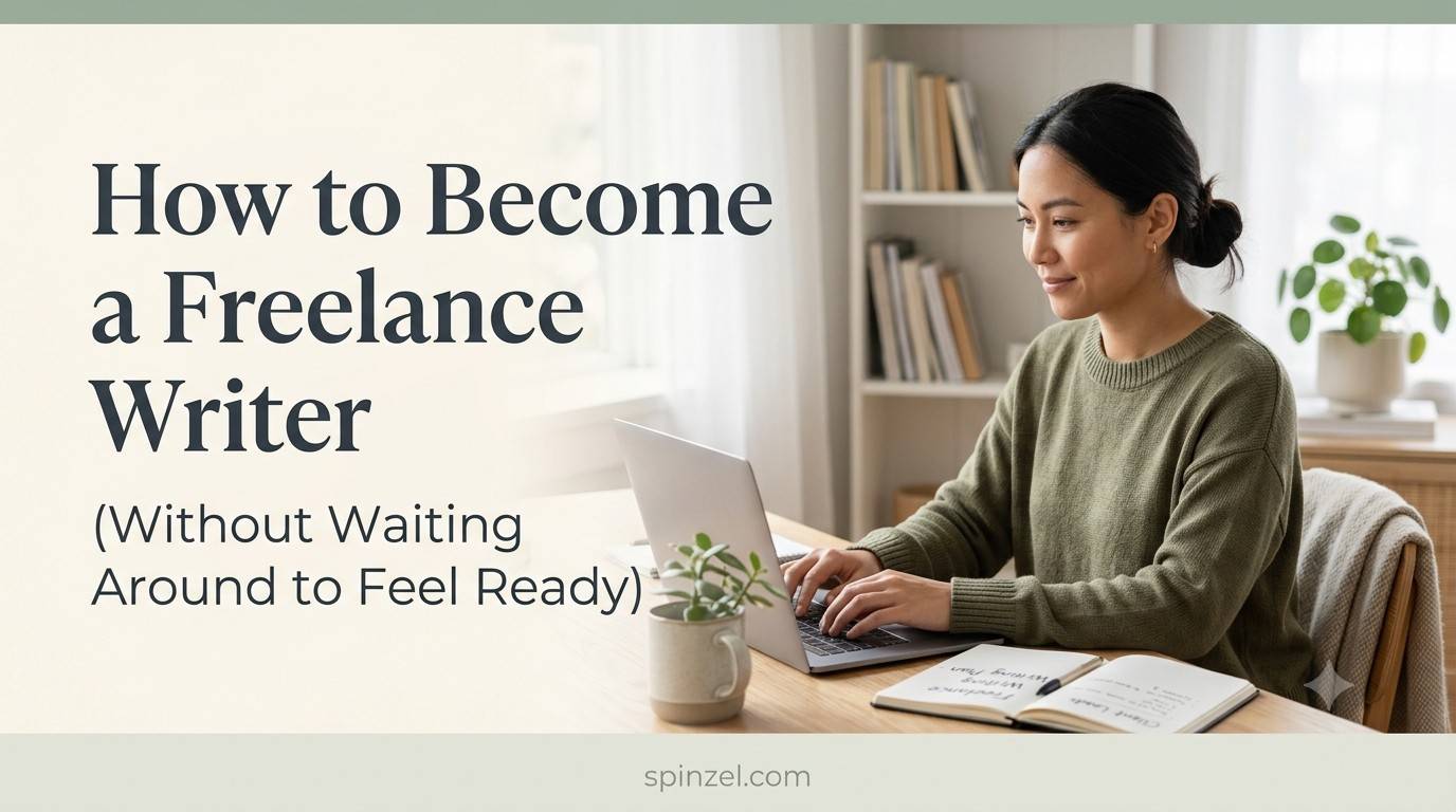 A woman typing on a laptop at a desk with text: How to Become a Freelance Writer. spinzel.com footer.